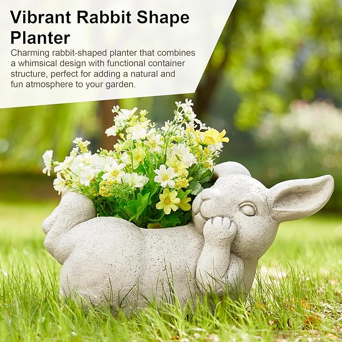 Glitzhome 14.25" L MGO Rabbit Statue Tall Planter, Bunny Shape Planter Cartoon Flower Pots with Drainage Hole, Rabbit Shaped Flower Container Succulent Planters for Spring Outdoor Garden Decor