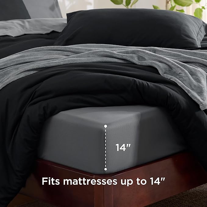 Bedsure Twin Comforter Set Black, 6 Pieces Prewashed Twin Size Bed in a Bag with Soft Fleece Bed Blanket, Down Alternative Bedding Set for All Seasons, Sheets, Pillowcase & Sham