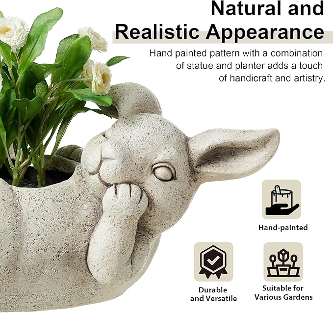 Glitzhome 14.25" L MGO Rabbit Statue Tall Planter, Bunny Shape Planter Cartoon Flower Pots with Drainage Hole, Rabbit Shaped Flower Container Succulent Planters for Spring Outdoor Garden Decor