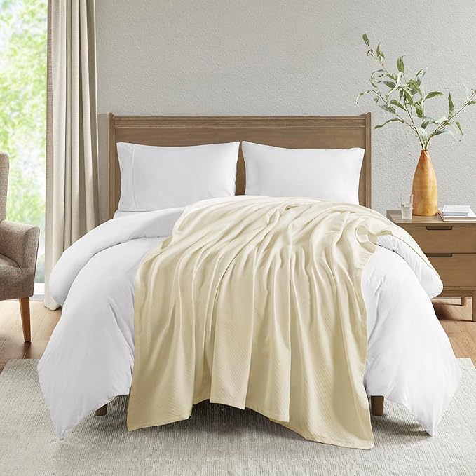 Madison Park Liquid Cotton Luxury Blanket Premium Soft Cozy 100% Ring Spun Cotton For Bed , Couch or Sofa, Twin, Ivory