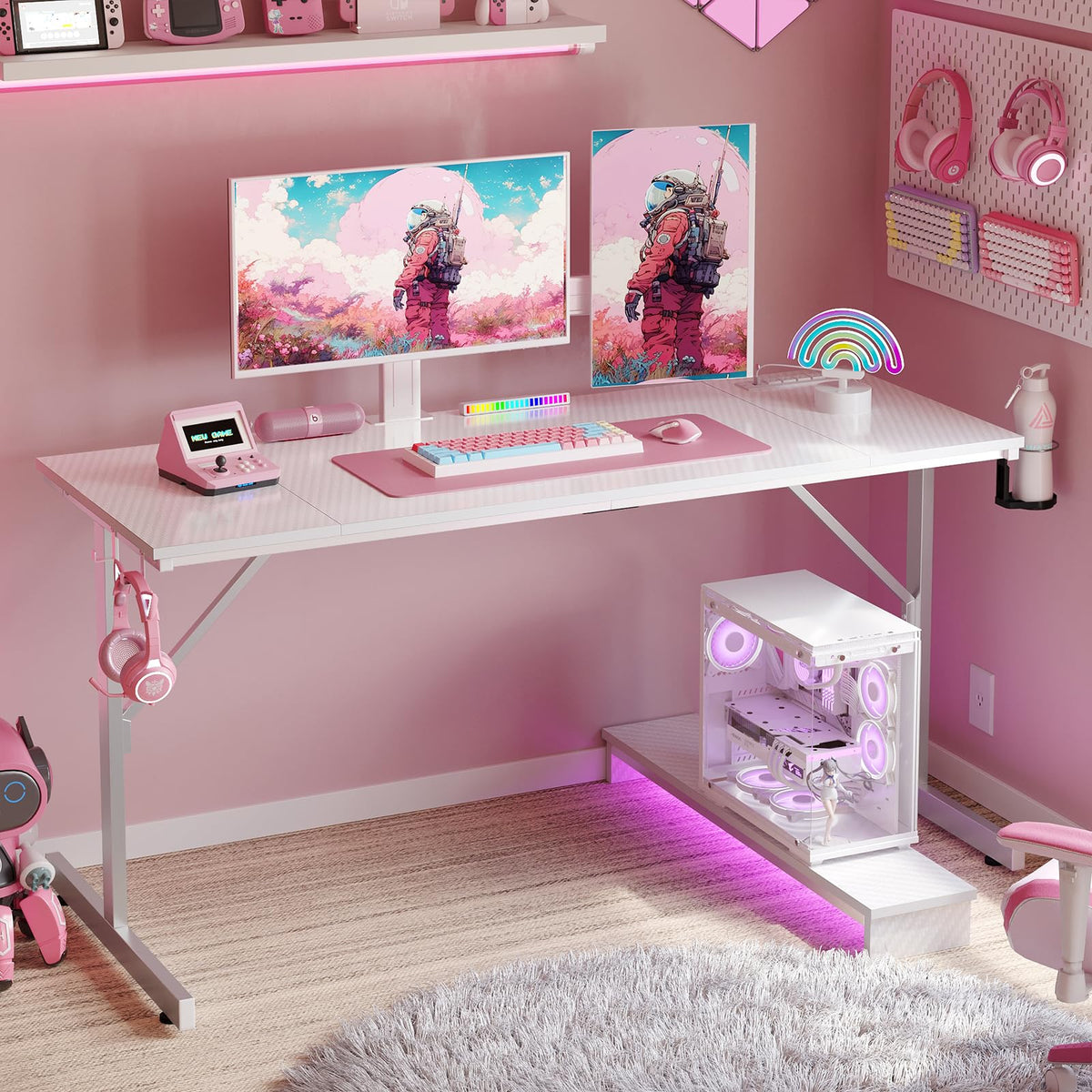 Bestier 52 inch Gaming Desk with Power Outlets and USB Charging Ports, Computer Desk with LED Lights and Monitor Stand, Gamer Desk for Home Office, Easy to Assemble, Carbon Fiber White