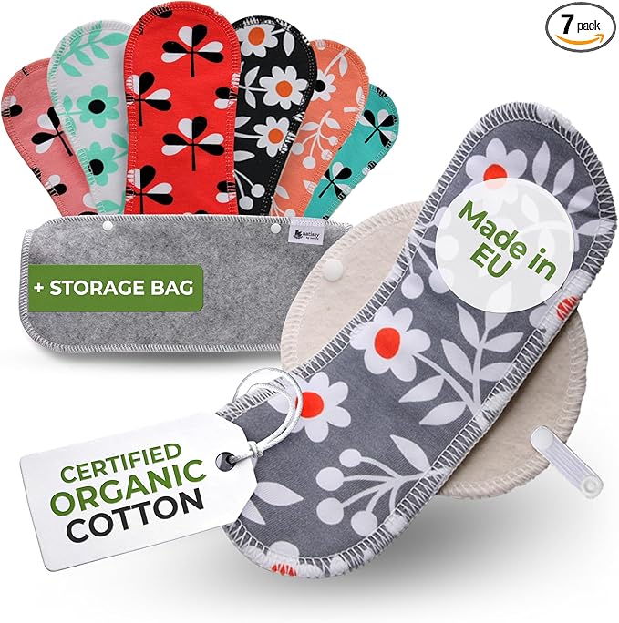 Natissy Cloth Panty Liners for Women; 7-Pack (M) Medium Organic Cotton Reusable Panty Liners Made in EU; Daily Panty Liners Washable for Women & Teens; Thin Sanitary Reusable Liners, NOT for Period