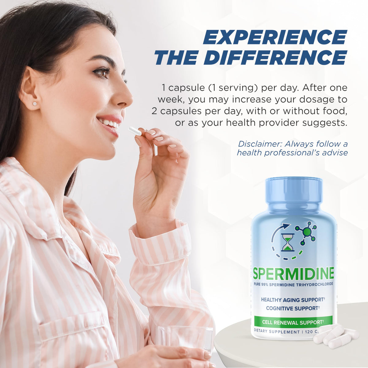 Pure Spermidine Supplement with Trihydrochloride 3HCL 10mg - 120 Capsules - Spermidine Supplements for Women for Brain, Vitality, Cell Repair Supplement for Men Supplements
