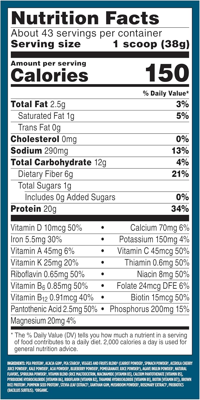 Vega All in One Nutrition Organic - 20g Plant-Based Pea Protein, French Vanilla, 43 Servings, Vitamins A & C, Probiotics, Greens, Vegan, Keto, Gluten Free, 3.1lbs (Packaging May Vary)