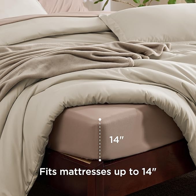 Bedsure King Comforter Set Beige, 8 Pieces Prewashed King Size Bed in a Bag with Soft Fleece Bed Blanket, Down Alternative Bedding Set for All Seasons, Sheets, Pillowcases & Shams