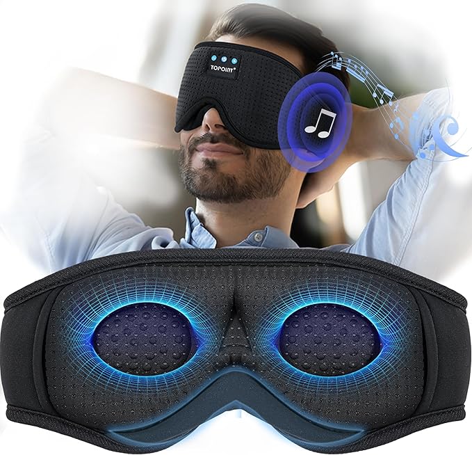 Sleep Mask with Bluetooth Headphones Wireless, TOPOINT 3D Eye Mask for Sleeping Headphones Women Men with Noise Canceling Earbuds, Thin Speaker, Blackout, 15 Hours for Travel, Meditation, CPAP Users