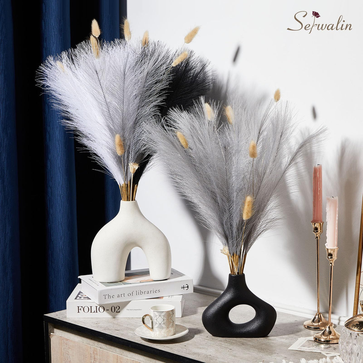 Serwalin 60Pcs Black Pampas Grass Decor, 17'' Faux Pampas Grass, Fluffy Artificial Pompous Grass Vase Filler Flower Arrangement for Living Room Decor Wedding Party Home Decor (Black＆White＆Gray)
