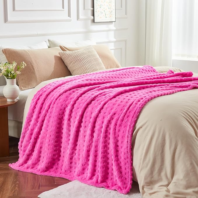 NEWCOSPLAY Super Soft Queen Blanket Pink Premium Silky Flannel Fleece 3D Waffle Checkered Lightweight Bed Blanket All Season Use (Hot Pink, Queen(90"x90"))