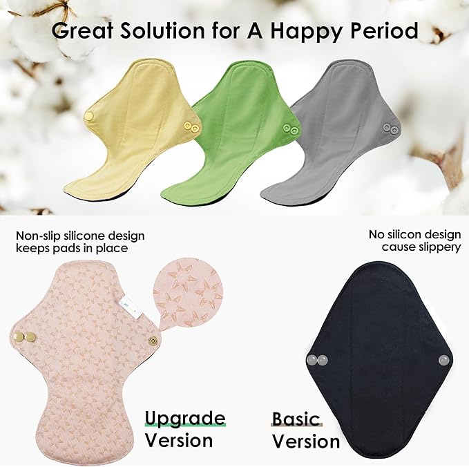 wegreeco 6 Pcs Reusable Menstrual Pads, Ultra Absorbent Cloth Pads for Heavy Flow, Sanitary for Teens, Women, Nonslip, Inner Mustard Yellow, Grey, Beige, Rose Gold Outer, M