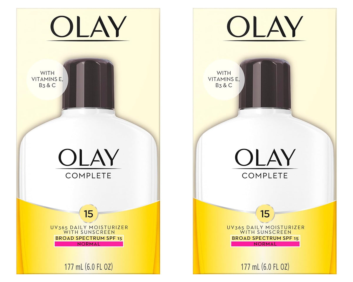 Olay Face Moisturizer, Complete with Sunscreen SPF 15, Daily Facial Lotion for Normal Skin, Lightweight Hydrating Broad Spectrum Sun Protection - Vitamin C, E, and Niacinamide - 6 Oz 2 Pack