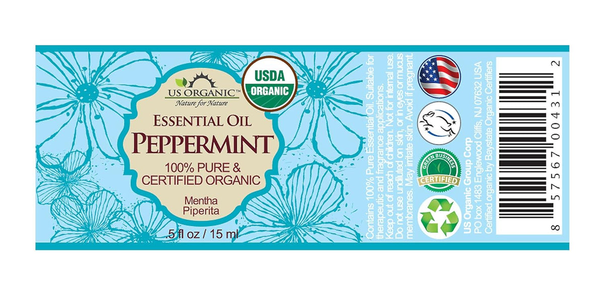 US Organic 100% Pure Peppermint Essential Oil - USDA Certified Organic - 15 ml - w/Improved caps and droppers (More Size Variations Available)