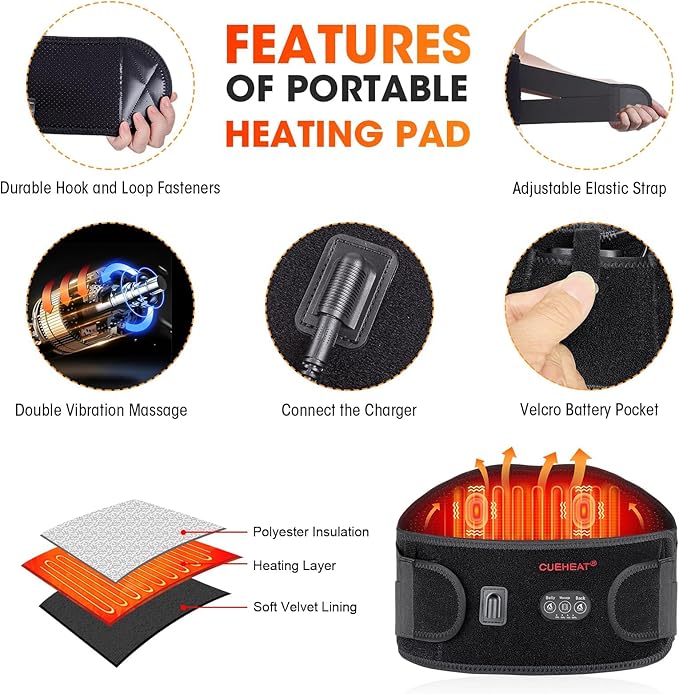 CUEHEAT Heated Waist Belt, Cordless Heating Pad for Low Back, Electrical Heating and Massage, Rechargeable Battery Powered (Black Upgraded,49 inches)