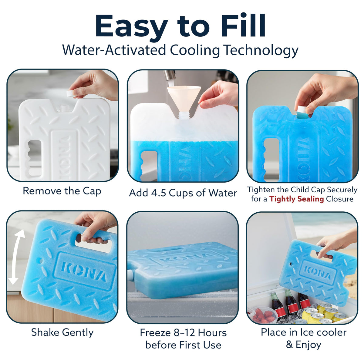 Kona Blue Ice Large Ice Packs for Coolers - Long Lasting Design - Refreezable Reusable Cooler Ice Pack (4)