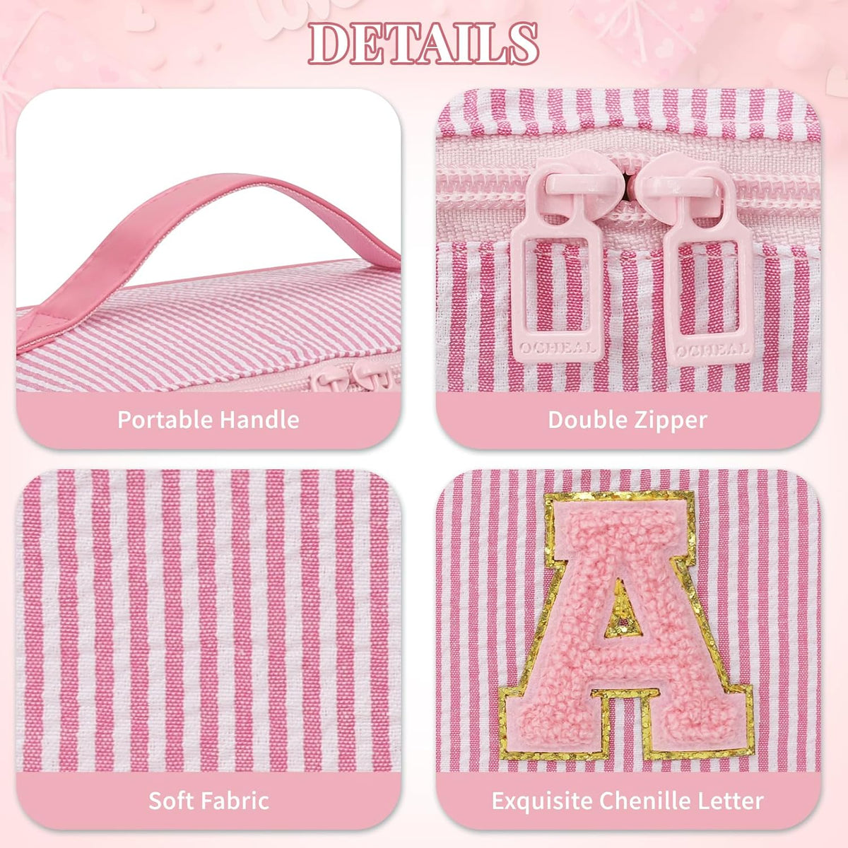 Travel Makeup Bag for Women, 2Pcs Portable Personalized Initial Makeup Organizer Bag, Open Flat Large Cosmetic Bag With Travel Essential Pouch (Pink Letter U)