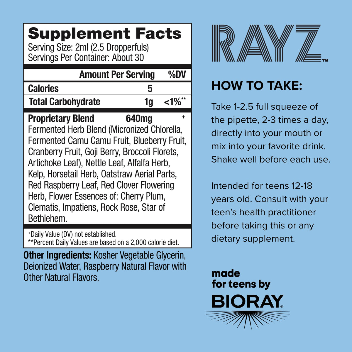 BIORAY RAYZ All Systems Glow, Raspberry Flavor - 2 fl oz - Convenient Source of Vitamins & Minerals for Teens 12-18 Years Old