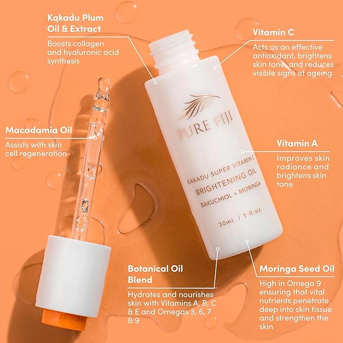 PURE FIJI Vitamin C Brightening Oil With Bakuchiol + Moringa, Beauty Face Oil, Increase Collagen Production, Promote Even Complexion Face Oil For Women, 1Fl.Oz
