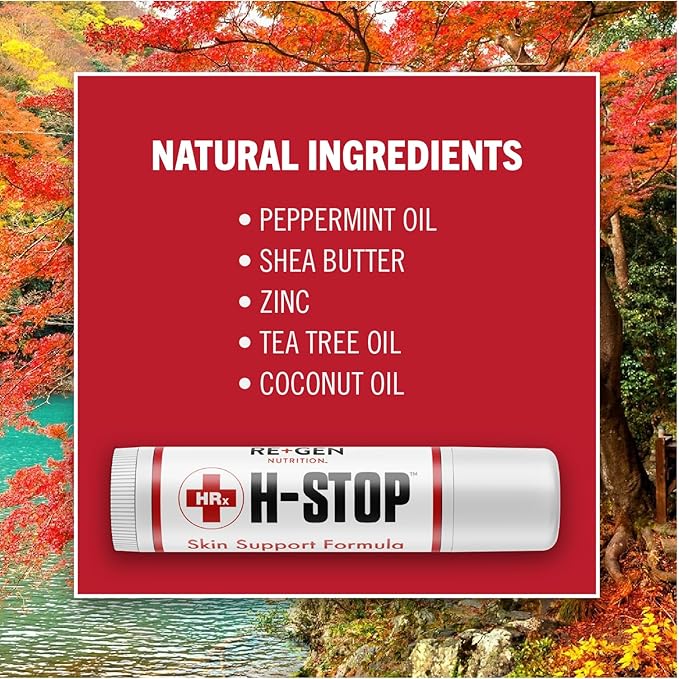 Re+Gen Nutrition H Stop Lip Balm & Women's Hormone Balance Support with Shea Butter, Tea Tree, Vitamin E, Lemon Balm, Mood Swings and More for Clear and Healthy Skin, Discreet Blister Support Moisturi
