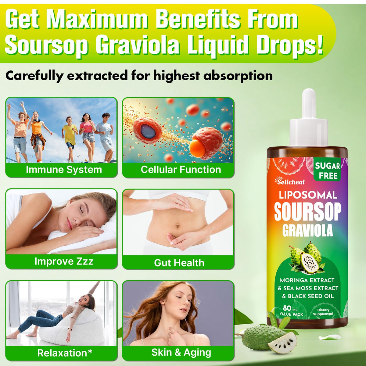 Soursop Bitters Liquid 880MG, Soursop Multivitamin Drops with Leaf Extract & Sea Moss, for Cell Support & Regeneration, Immunity, Liver, Gut, Zzz, Skin & Antioxidant | 5.6 Fl Oz - 160 Days Supply