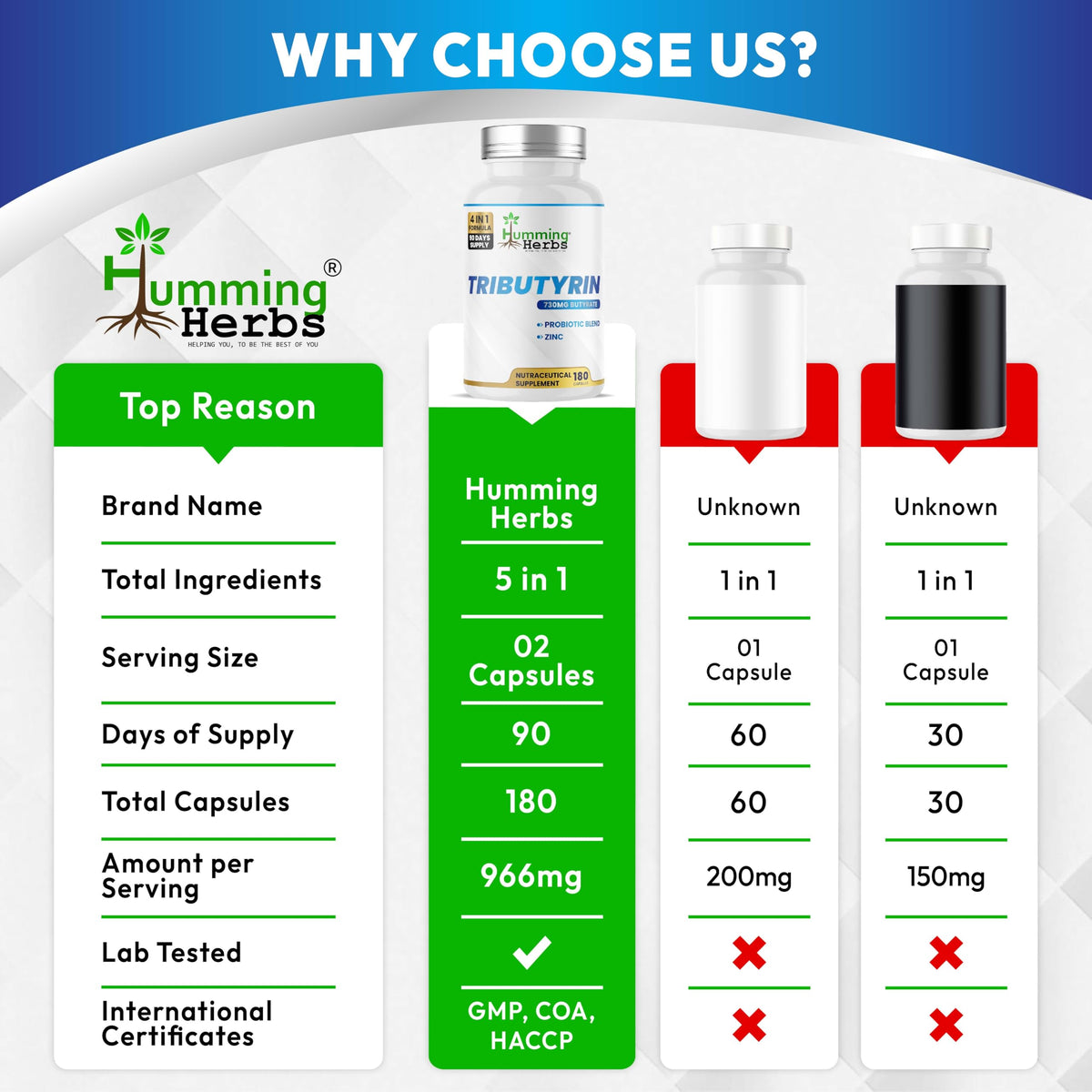 Humming Herbs Tributyrin Complex — 850 mg per Serving (95% Pure, yielding 731 mg Butyrate) with L-Glutamine, Zinc L-Carnosine, FOS & Probiotic Blend (180)