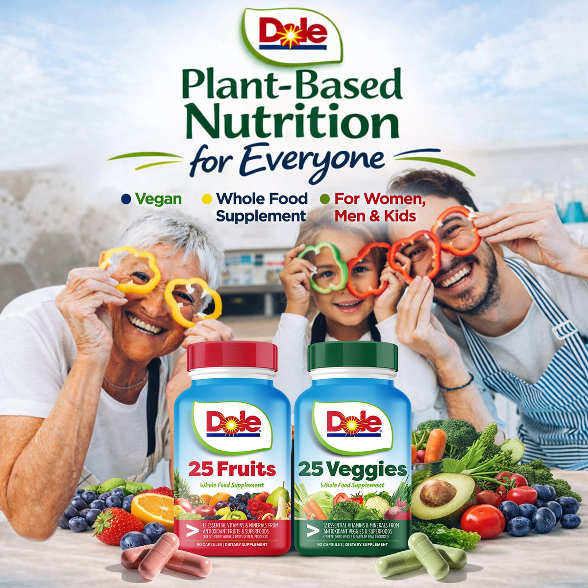 Dole Daily Fruits and Veggies Supplement - Whole Food Plant-Based Nutrition with 25 Fruits + 25 Vegetables, 12 Essential Vitamins & Minerals, Antioxidant Superfoods, 180 Capsules (2 Pack)