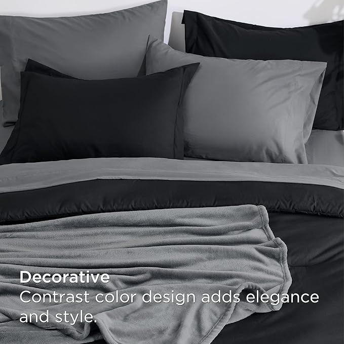 Bedsure Queen Comforter Set Black, 8 Pieces Prewashed Queen Size Bed in a Bag with Soft Fleece Bed Blanket, Down Alternative Bedding Set for All Seasons, Sheets, Pillowcases & Shams