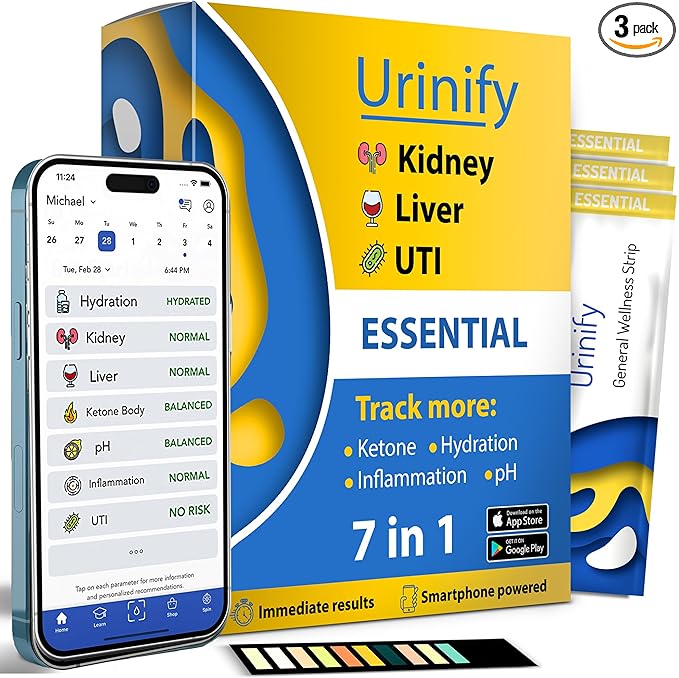 Mobile App Urine Test Strips -Trusted at Home Kidney and Liver Test Kit, Urinary Protein, UTI Test, Hydration, Ketone Body, pH, Urinalysis- Essential Kit (3 Strips)