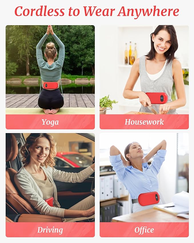 Portable Heating Pad for Cramps, Upgrade Cordless Electric Period Fast Heating Pad for Back Pain Relief Menstrual Belt 6 Heat 6 Massage Modes Gifts for Women Girls Her Girlfriend Red