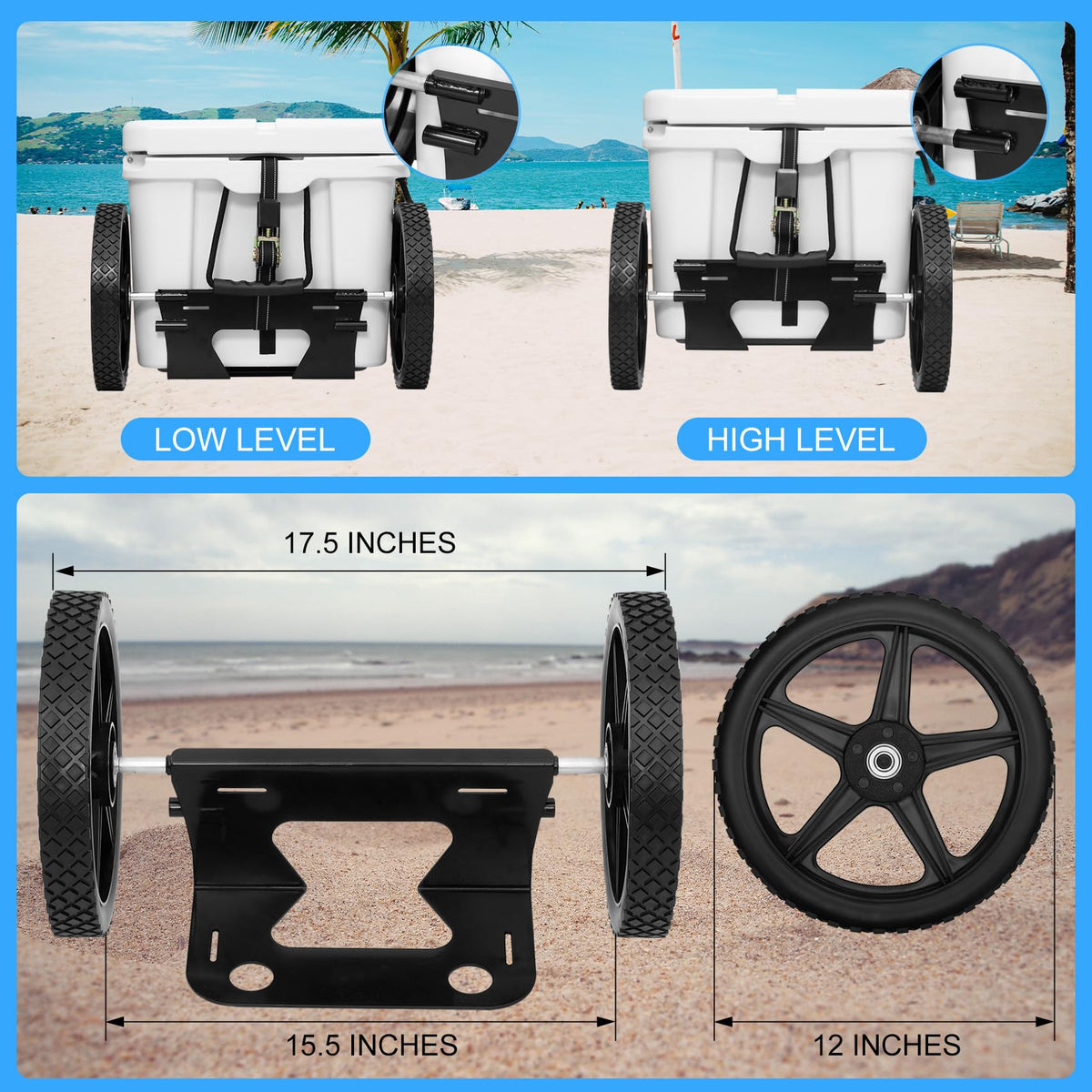 FERUERW Upgraded Cooler Wheel Kit, Universal Cooler Cart Kit for Heavy-Duty Coolers,15.5 in to 17.5 in Wide Coolers, All Terrain 12 Inch Wheels&Ratchet Straps, Roller Accessories for Camping & Beach