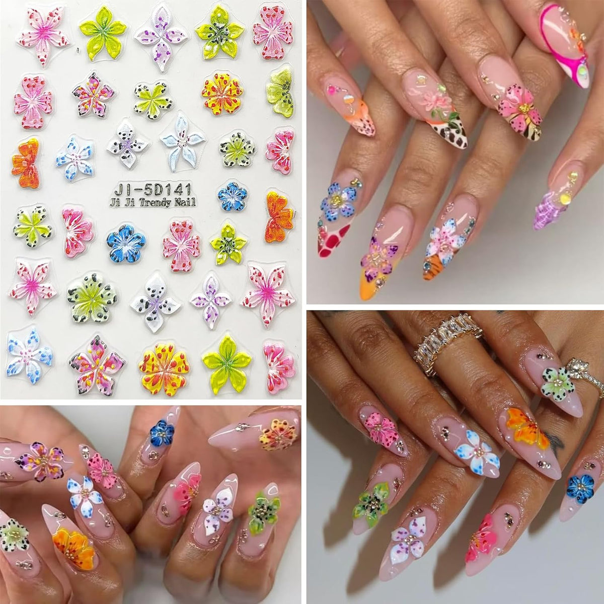 Flower Nail Art Stickers Decals 5D Embossed Nail Decals Spring Summer Pink Purple Nails Design Self-Adhesive Supplies Accessories 3D Flower for Women Nails DIY Decoration(5 Sheets)