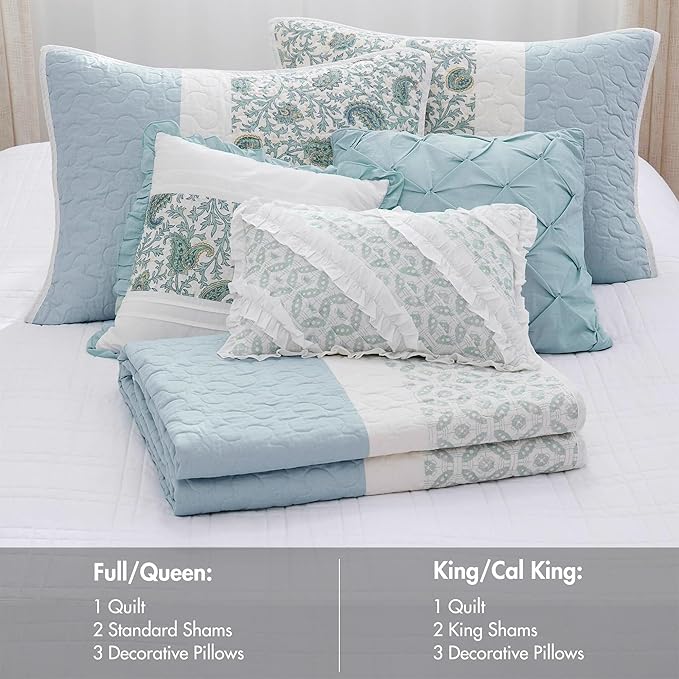Madison Park 100% Cotton Quilt Set Floral Print, Double Sided Stitching, All Season, Lightweight Coverlet Shabby Chic Bedding Layer, Matching Shams, King/Cal King, Light Teal 6 Piece , Aqua