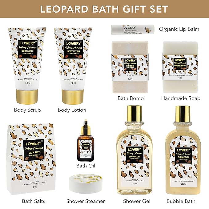 Mothers Day Home Spa Kit in Honey Almond Scent, Bath Gift Basket with Vit E-Rich Bath Essentials, Tumbler, Ear Candles, Bath Oil, Salts, Shower Steamer, Organic Lip Balm & More in Leopard Basket, 21Pc