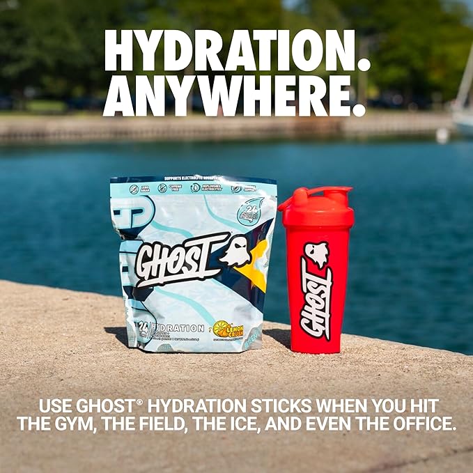 GHOST Hydration Packets, Lemon Crush, 24 Sticks, Electrolyte Powder - Drink Mix Supplement with Magnesium, Potassium, Calcium, Vitamin C - Vegan Friendly, Free of Soy, Sugar & Gluten