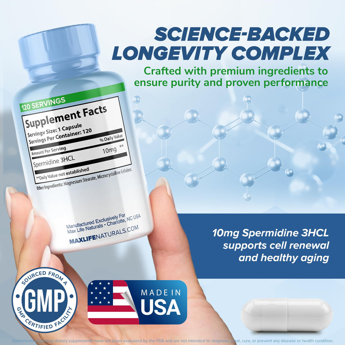 Pure Spermidine Supplement with Trihydrochloride 3HCL 10mg - 120 Capsules - Spermidine Supplements for Women for Brain, Vitality, Cell Repair Supplement for Men Supplements