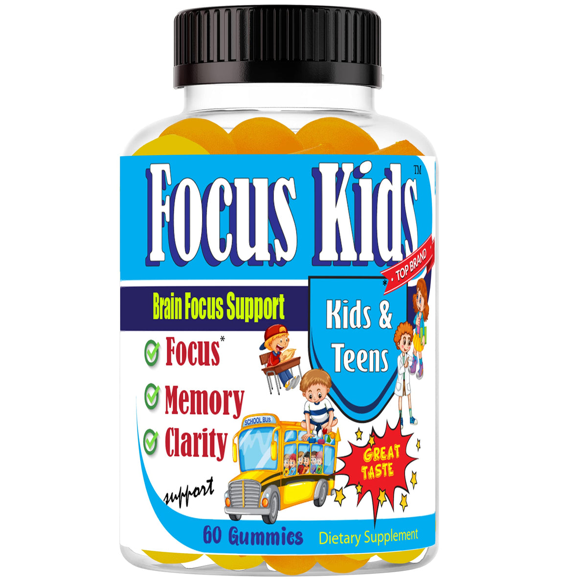Focus Kids Gummies for Kids and Teens, Attention, Memory & Concentration, Focus Supplement for School & Study Brain Vitamins for Children DHA & Omega 3-6-9 – 60ct