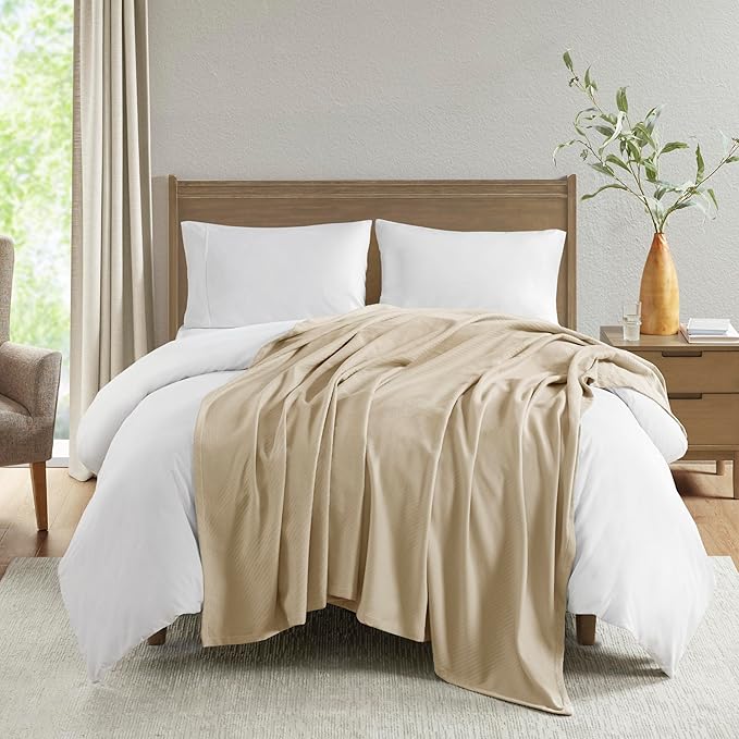 Madison Park Liquid Cotton Luxury Blanket Premium Soft Cozy 100% Ring Spun Cotton For Bed , Couch or Sofa, Full/Queen, Linen