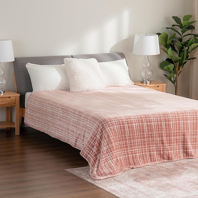 Berkshire Blanket-Classic Heavyweight Soft Printed VelvetLoft® Plush Blanket, Full/Queen Size Soft Fuzzy Warm Blanket for Couch Sofa Bed, Watercolor Plaid Blush, 90in x 90in