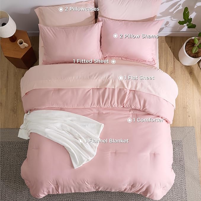 Bedsure Twin Comforter Set Pink, 6 Pieces Prewashed Twin Size Bed in a Bag with Soft Fleece Bed Blanket, Down Alternative Bedding Set for All Seasons, Sheets, Pillowcase & Sham