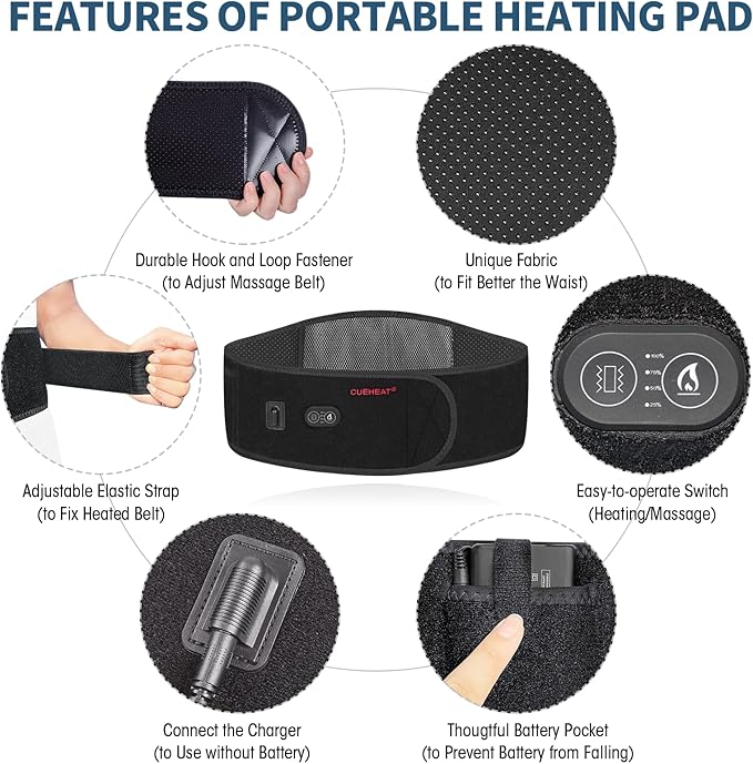 CUEHEAT Heated Waist Belt - Cordless Heating Pad for Low Back, Electrical Heating and Massage, Rechargeable Battery Powered (Black, 49 inches)