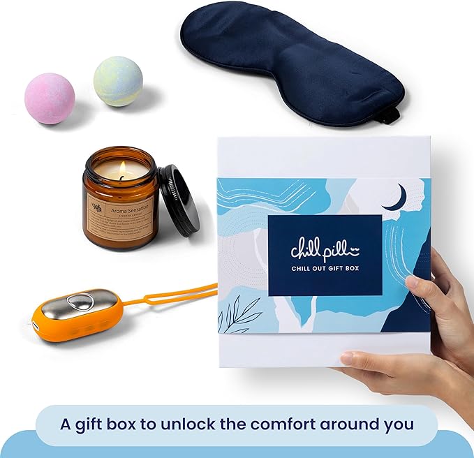 The Chill Pill Chill & Unwind Gift Box - Sleep Mask, Bath Balls, Aromatherapy Candle & The Chill Pill Sleep Aid Device - Mend Your Mental’s Best Gift for People in Need of Stress Relief and Relaxation