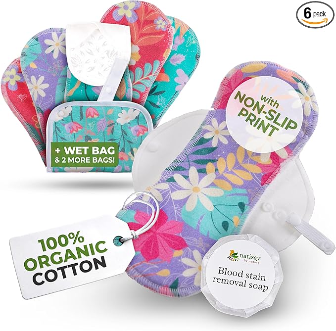 Non-Slip Premium Reusable Period Pads for Light Flow (S+M, 6-Pack); High-Temp Washable Organic Cotton Cloth Pad for Women & Teens; Non-Irritating Reusable Pads Menstrual for Comfortable Period Care