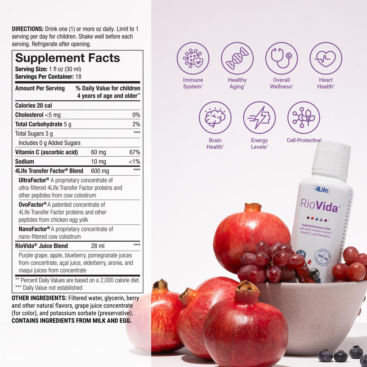 4Life Transfer Factor RioVida - Superfruit Immune Shot with Acai, Pomegranate, Blueberry, Elderberry, Aronia, Maqui, Vitamin C, Cellular Blend - 30 Servings