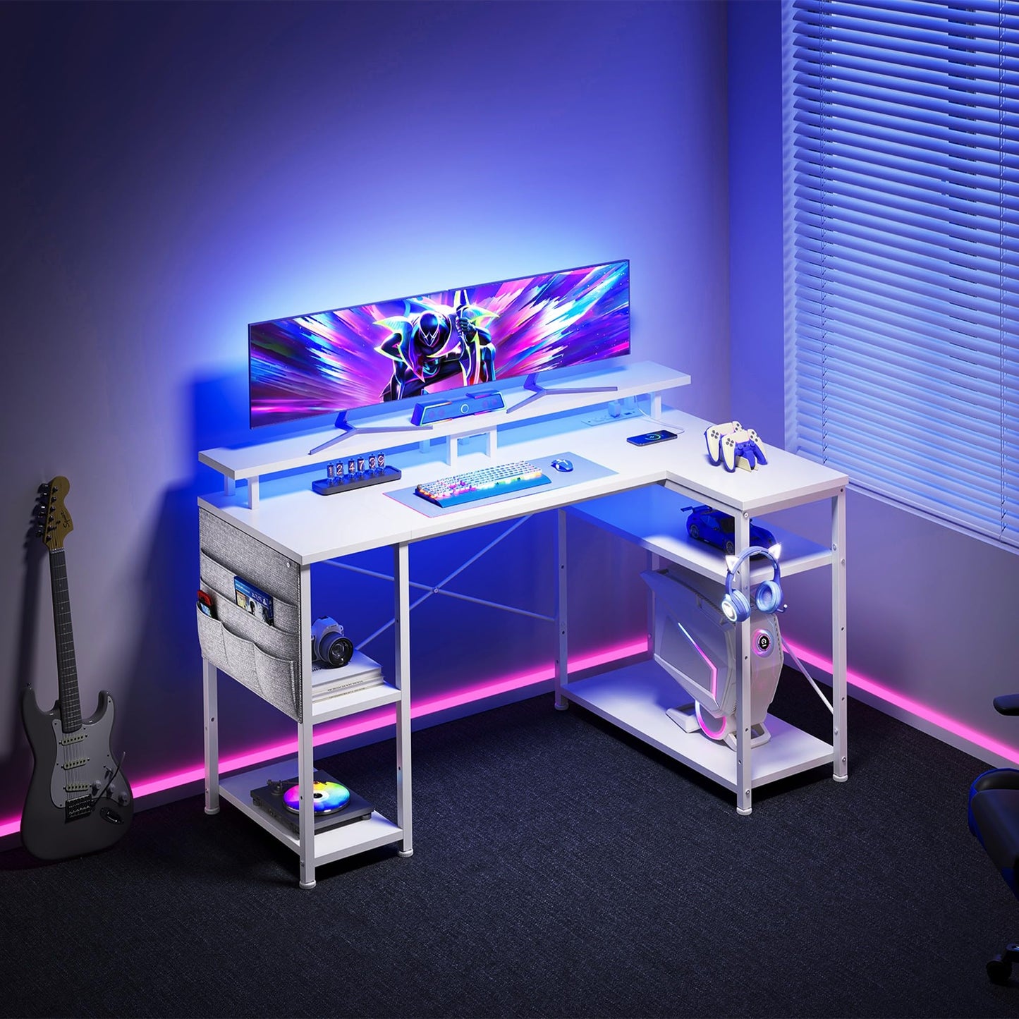Maihail 51 inch L Shaped Desk with LED Lights & Power Outlets, Reversible Gaming Desk with Shelves & Monitor Stand, Computer Desk with Storage Side Bag，Corner Desk for for Bedroom Gaming Room, White.