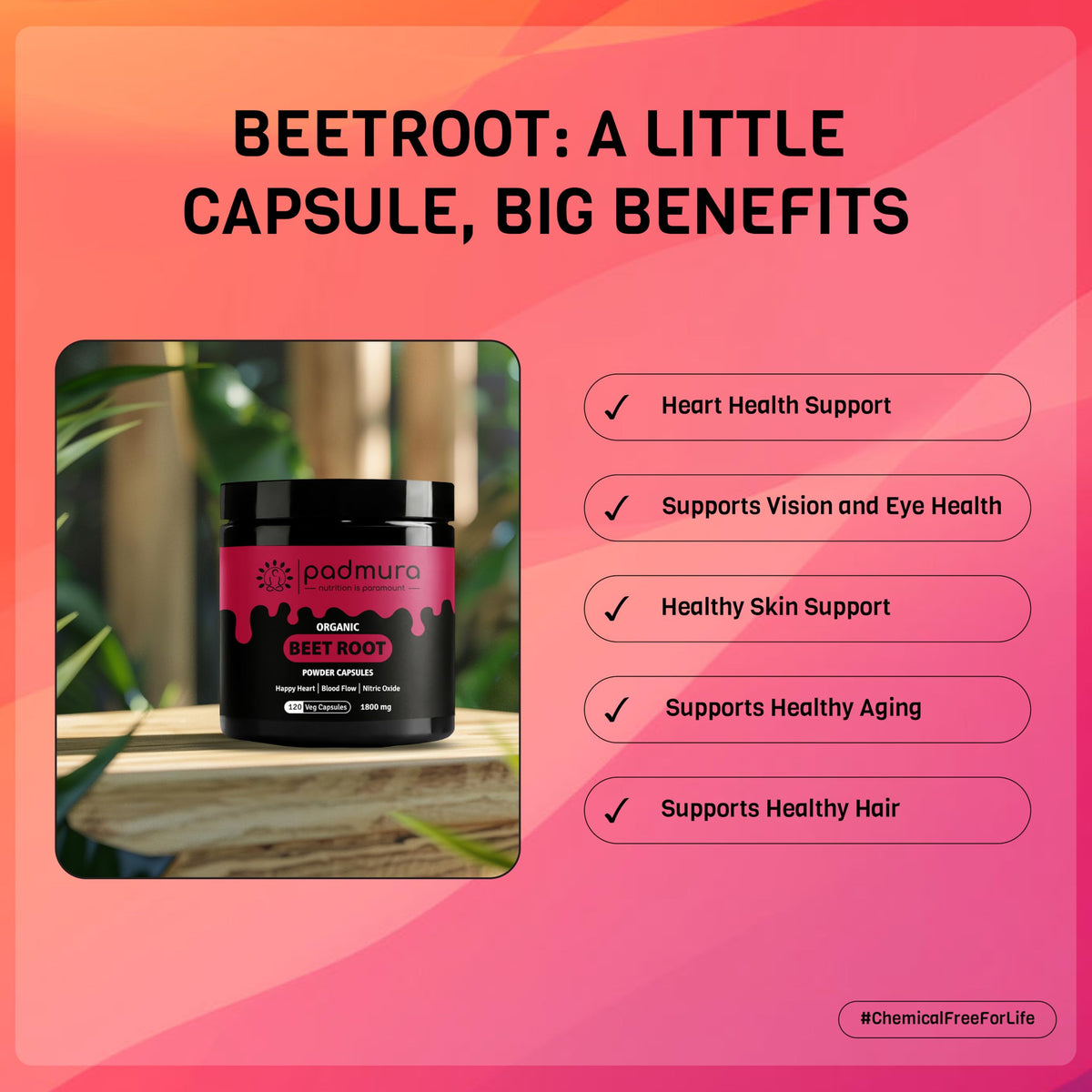 PADMURA Organic Beet Root Powder Capsules 1800mg - Healthy Blood Pressure & Happy Heart | USDA Organic Certified | Non GMO | Gluten Free | Vegan - 120 Veg Capsules
