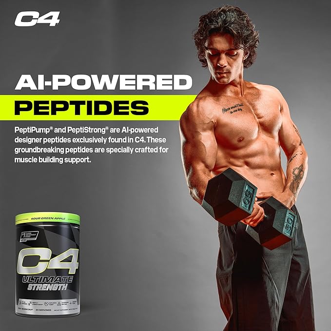 Cellucor C4 Ultimate Strength Pre Workout Powder - Tri-Stim Experience 300mg Caffeine+TeaCrine+Dynamine - Creatine & Beta-Alanine - Energy Supplement for Men & Women - Sour Green Apple, 20 Servings