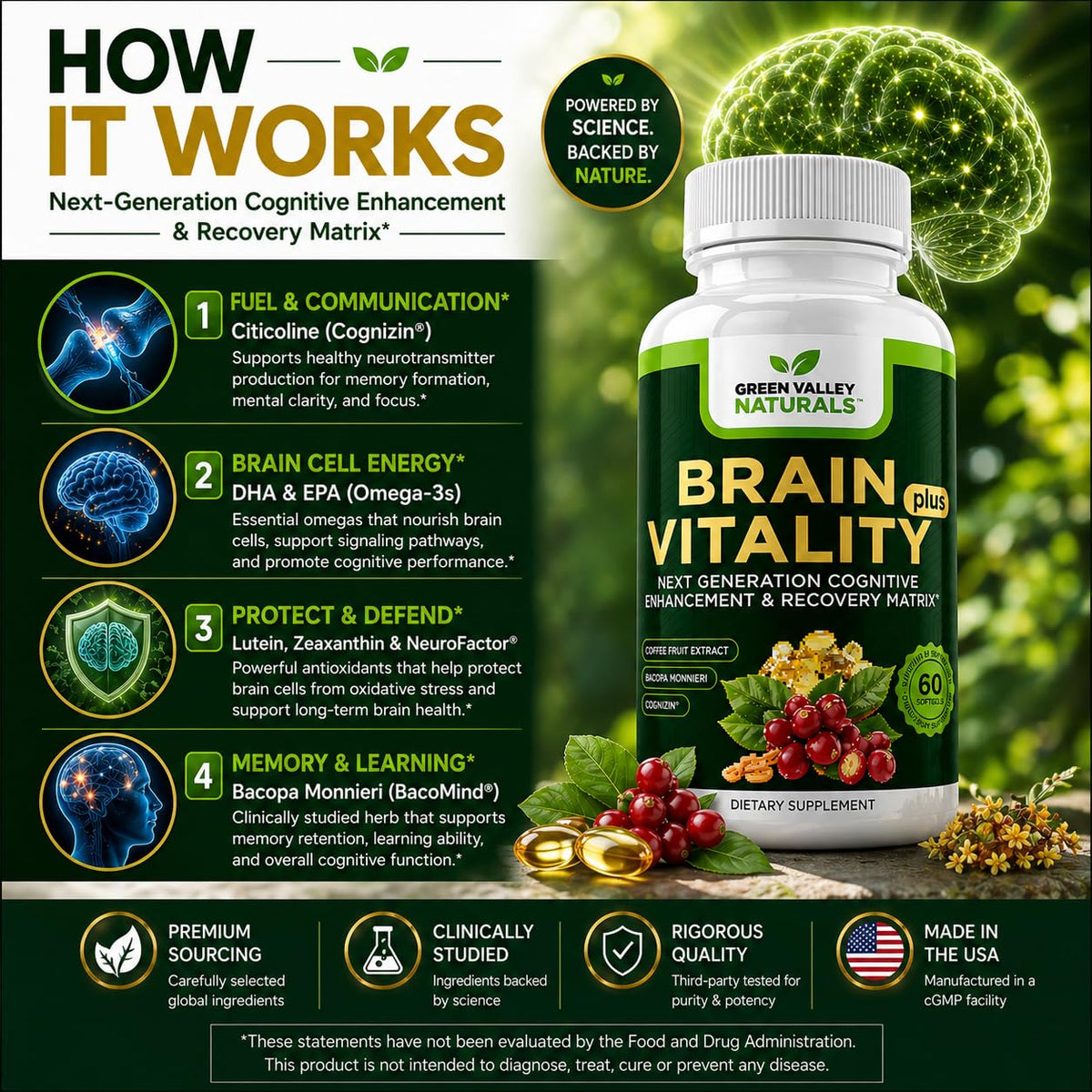 Green Valley Naturals Brain Vitality Plus with Cognizin & DHA – 60 Softgels