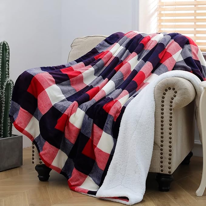 SOCHOW Buffalo Plaid Sherpa Fleece Throw Blanket, Double-Sided Checkered Super Soft Luxurious Bedding Blanket 60 x 80 inches, Red/Blue