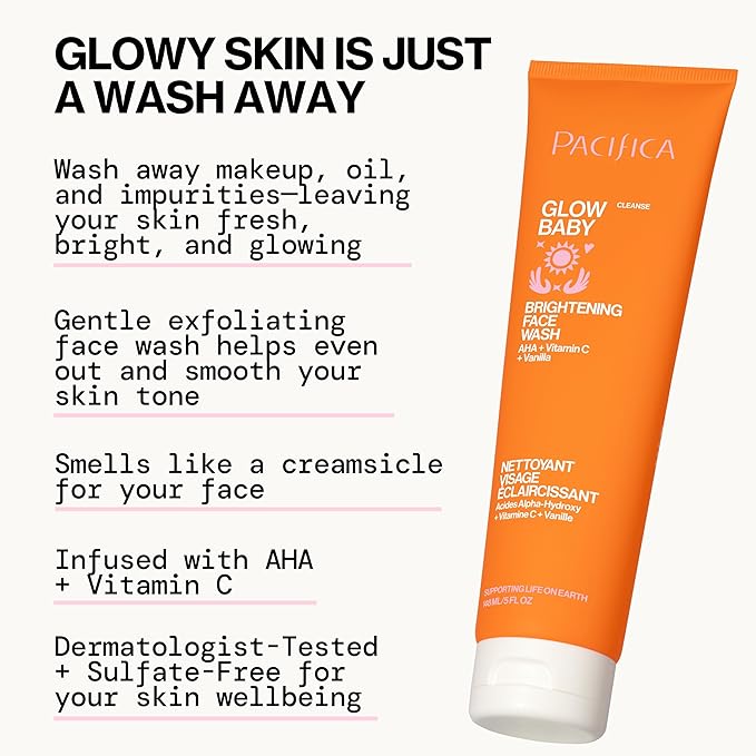 Pacifica Beauty Glow Baby VitaGlow Face Lotion and Brightening Face Wash Set, Skincare, Vitamin C and E, AHA, Exfoliator, Cleanser, Hydrating, Moisturizer, Vegan, 1.7 fl oz and 5 fl oz (Set of 2)