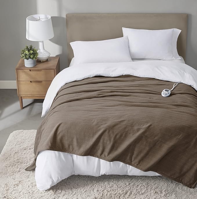 Serta Travis Fleece Ultra Soft Tri-Rib Textured Electric Blanket, Cozy and Snuggly Cover Fast Heating for Cold Weather, Auto Shut Off, Multi Heat Setting Controller, Twin, Stone Brown