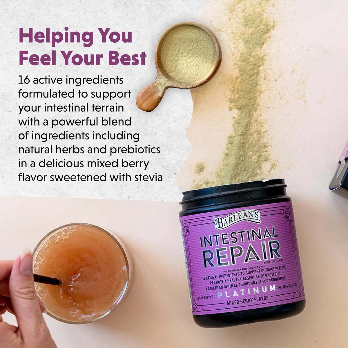 Barlean's Gut Health Powder, Intestinal Repair Fiber and Digestive Support Blend for Men and Women, Mixed Berry Drink Mix, 6.35 oz