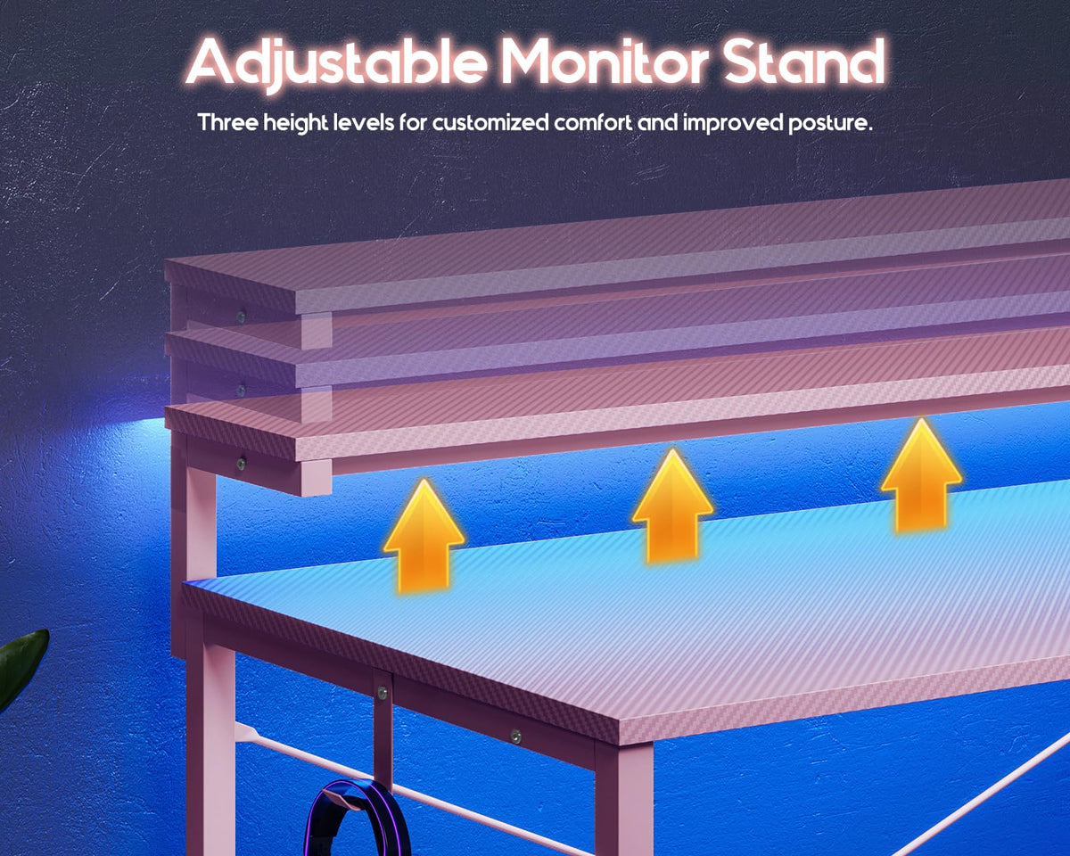 MOTPK Gaming Desk with Led Lights & Power Outlet, 40 Inch Small Gaming Computer Desk with Shelves, Reversible Gamer Desk with Adjustable Monitor Stand & Headphone Hook, Carbon Fiber Texture Pink